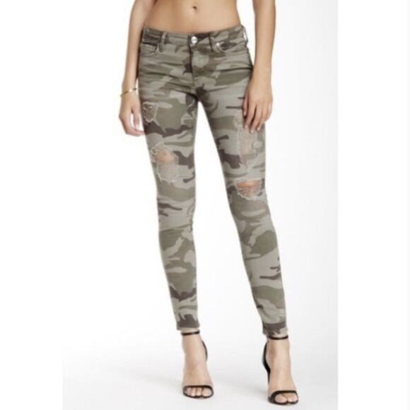 True Religion Jeans Halle Mid Rise Super Skinny Green Camo Distressed Size 26 - Picture 1 of 12